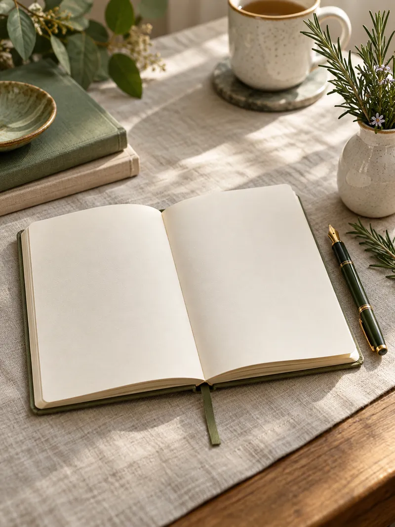 A handwritten-looking but completely blank cream journal with a fountain pen and a small sprig of rosemary