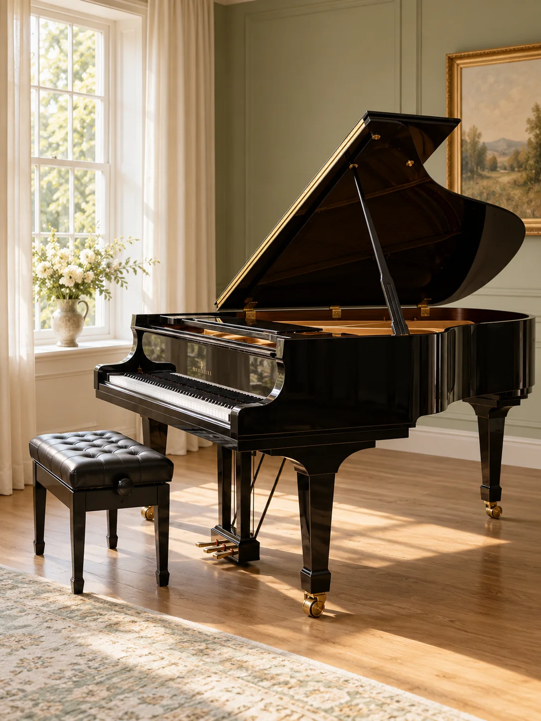 A grand piano beside a softly lit window