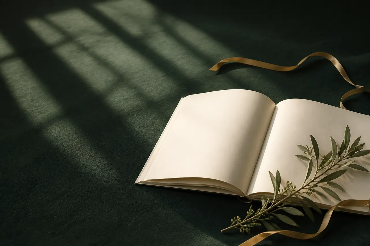 An ivory ceremony booklet with a gold ribbon and botanical detail