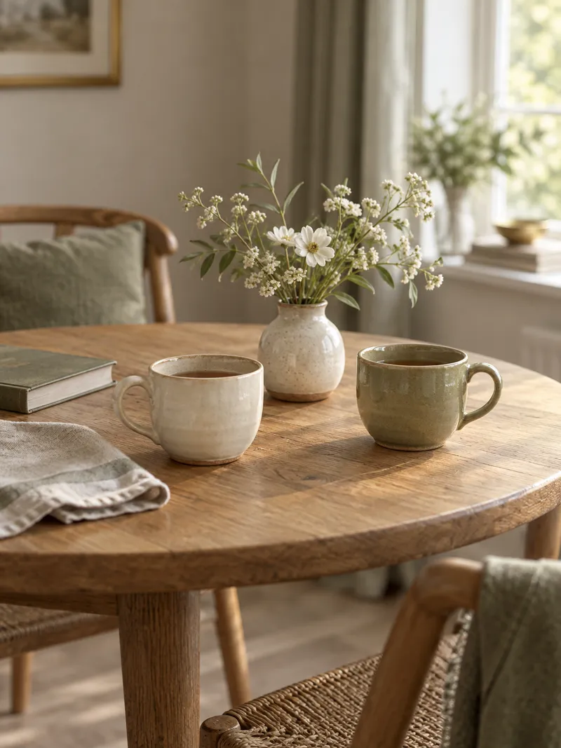 Two handmade ceramic teacups on a round oak table beside a small vase of white flowers