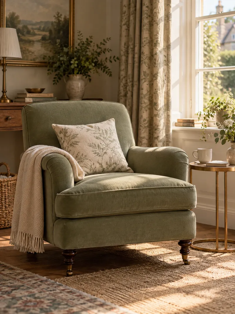 A comfortable empty sage upholstered chair beside a sunlit window and a small ceramic cup