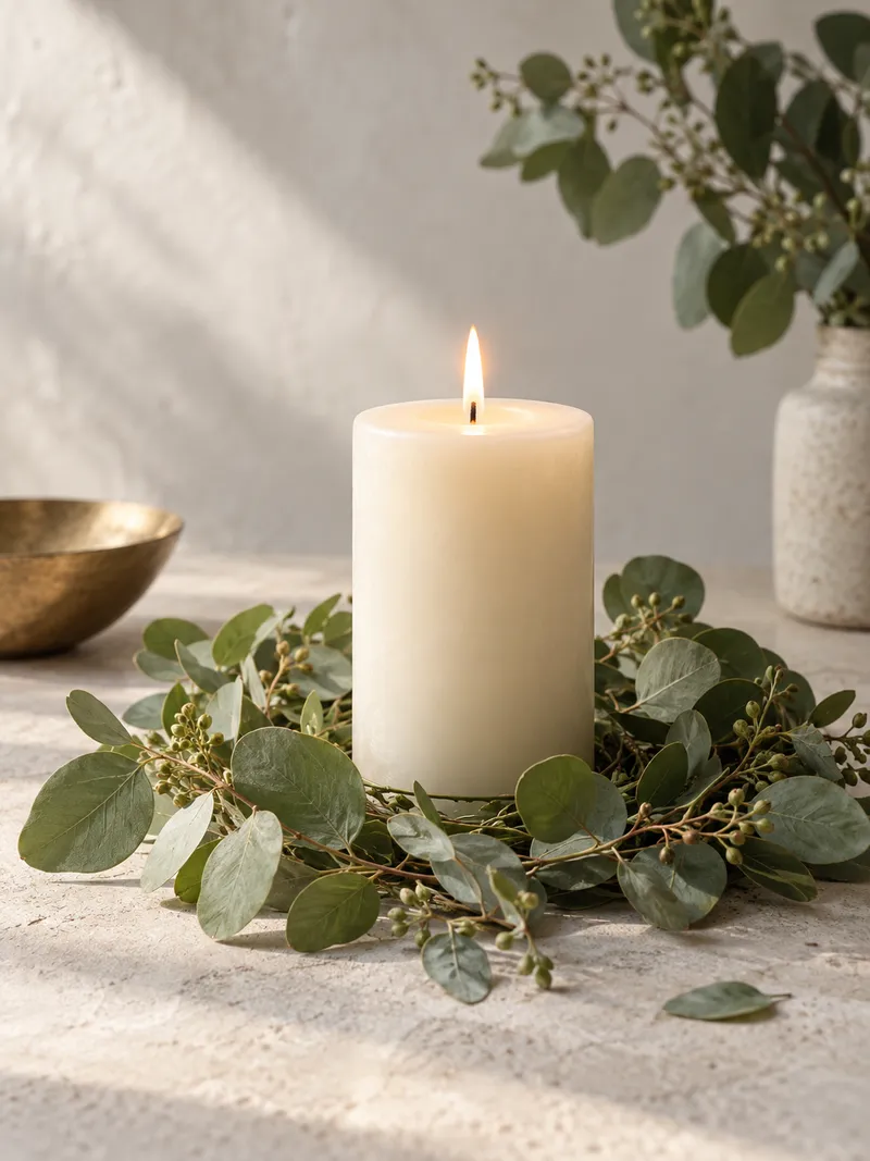One ivory pillar candle surrounded by a loose wreath of eucalyptus on pale stone