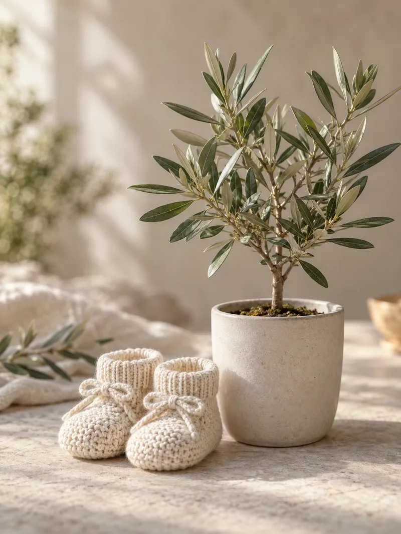 A tiny pair of cream knitted baby booties beside a young potted olive sapling