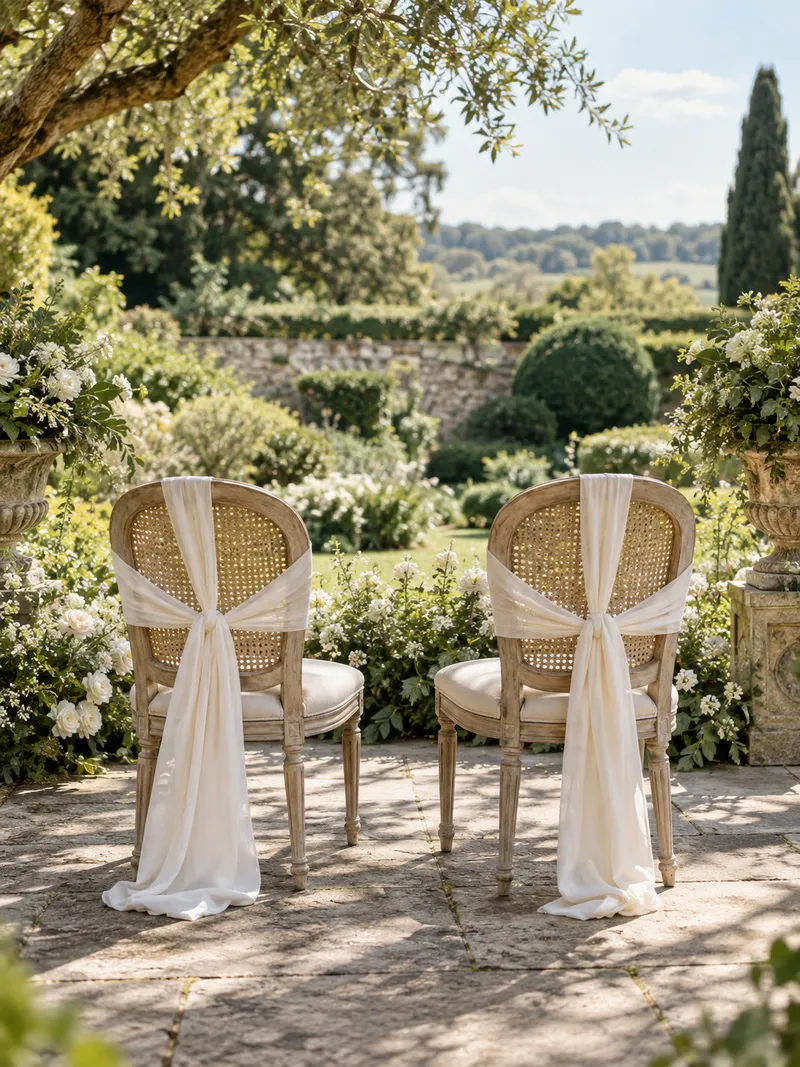 Two elegant chairs tied with ivory silk ribbons in a sunny English garden