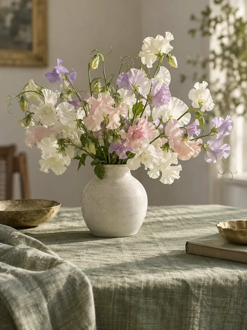 A white ceramic vase of fresh sweet peas on a sage linen table
