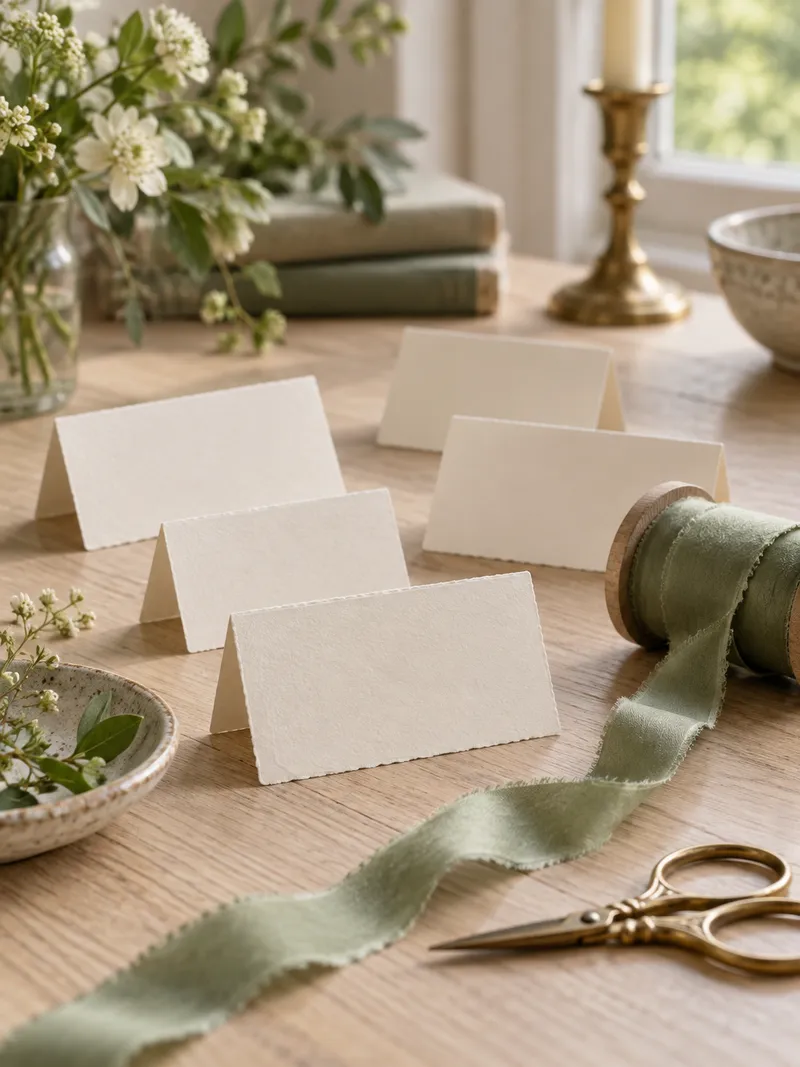 A neatly arranged set of cream paper place cards with no writing