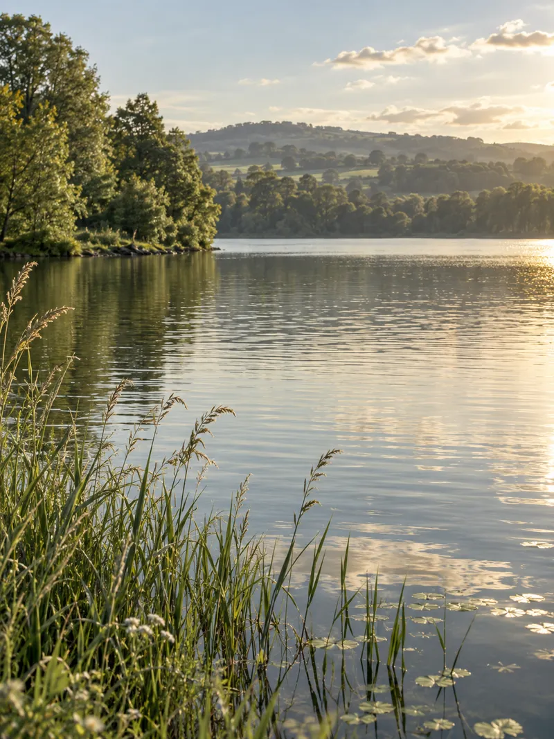 Sunlit ripples on a quiet English lake with reeds at the edge