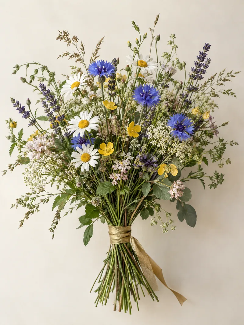 A loosely gathered bundle of colourful wildflowers with a warm gold ribbon on a pale background