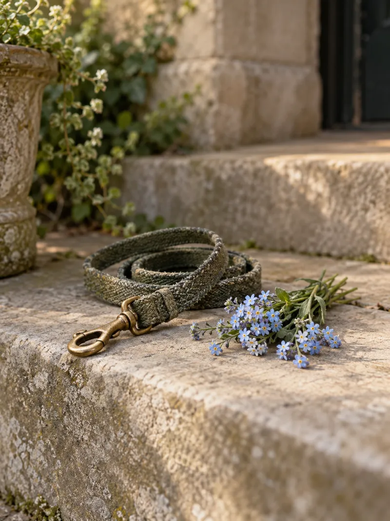 A well-loved woven dog lead beside a small bunch of forget-me-nots on warm stone