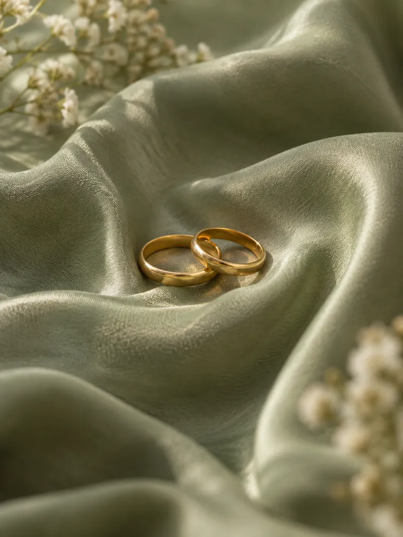 Two delicate gold rings nestled in folds of sage silk