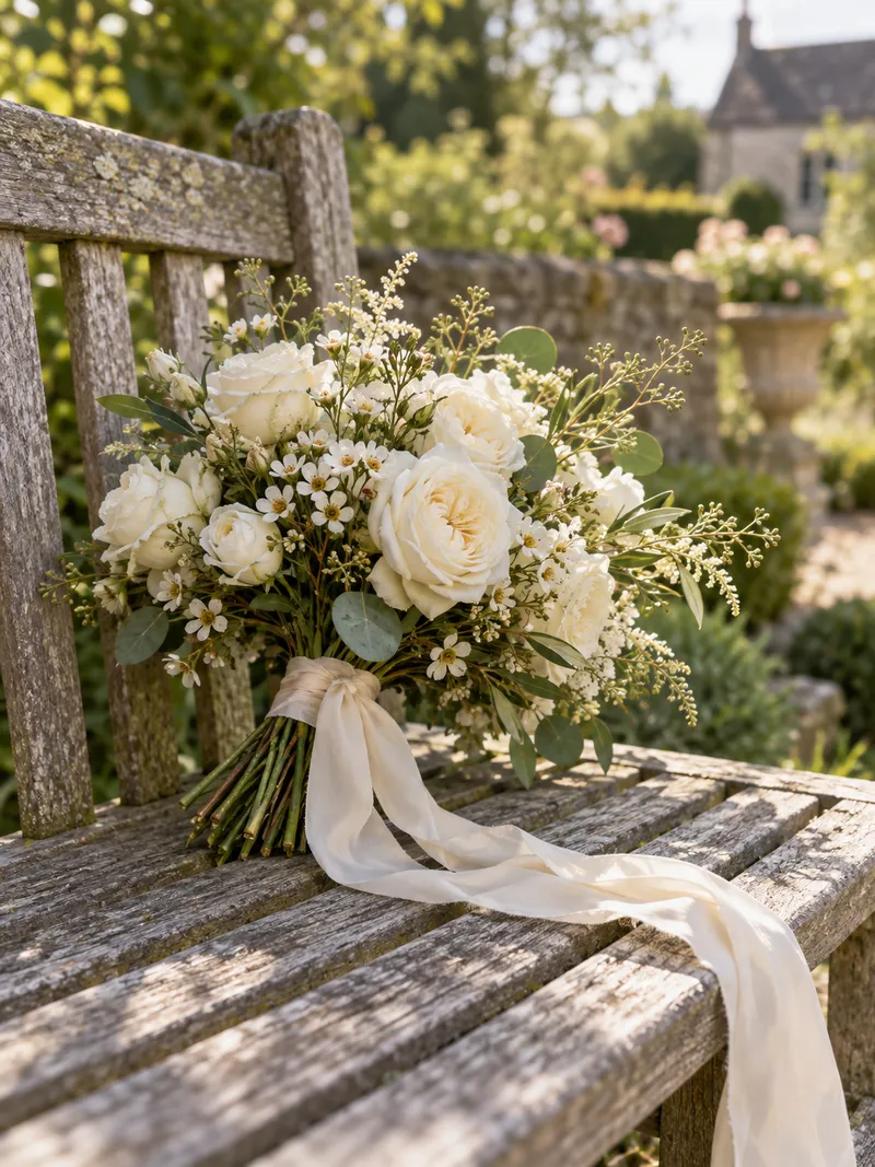 Close editorial still life of white seasonal bridal flowers and trailing ivory ribbon on a wooden garden bench