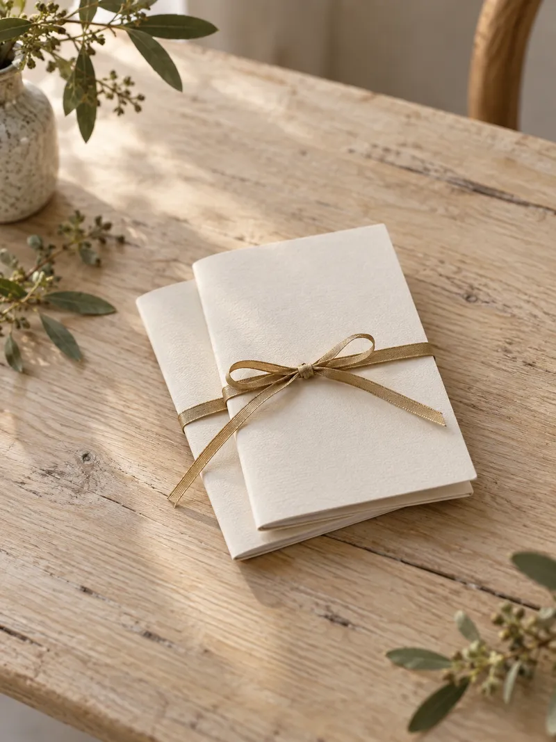 Two closed ivory vow booklets tied with slender warm gold ribbon on a pale wood table