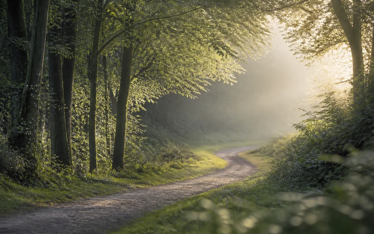A quiet woodland path in soft morning light